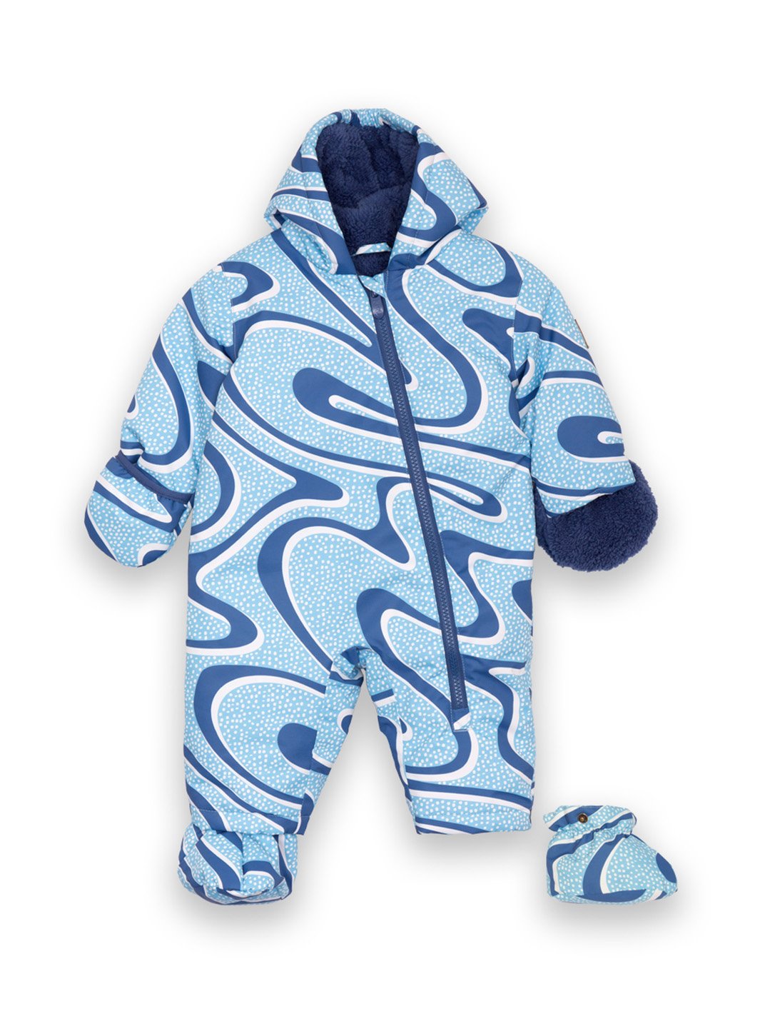 Traje de nieve impermeable azul iceberg con estampado Snow Run, capucha forrada en polar, pies desmontables y cierre con protector, ideal para actividades invernales.