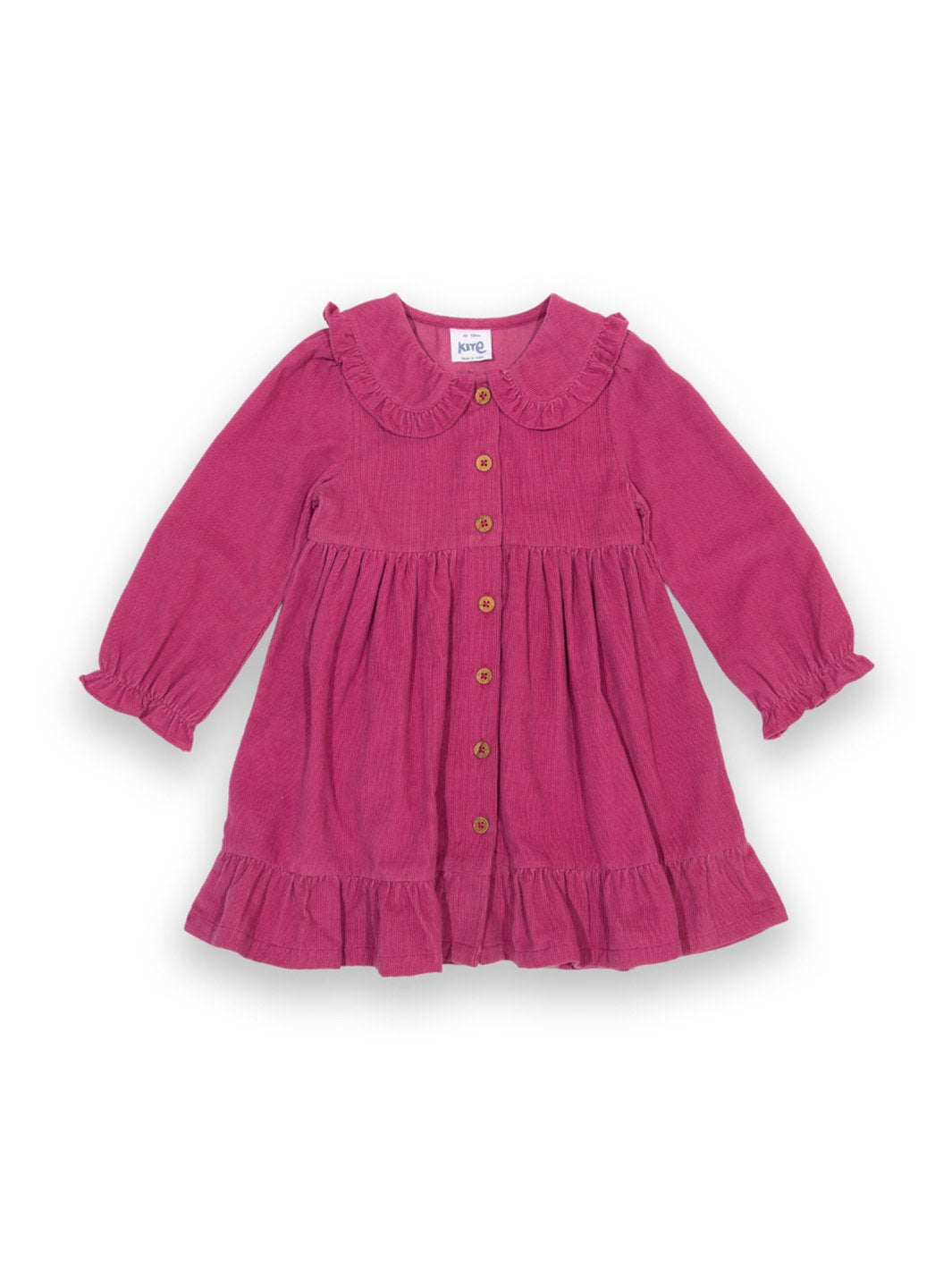 Vestido de algodón orgánico en tono rosa frambuesa con cuello de muñeca, mangas largas con puños elásticos y falda con volante, ideal para ocasiones especiales.