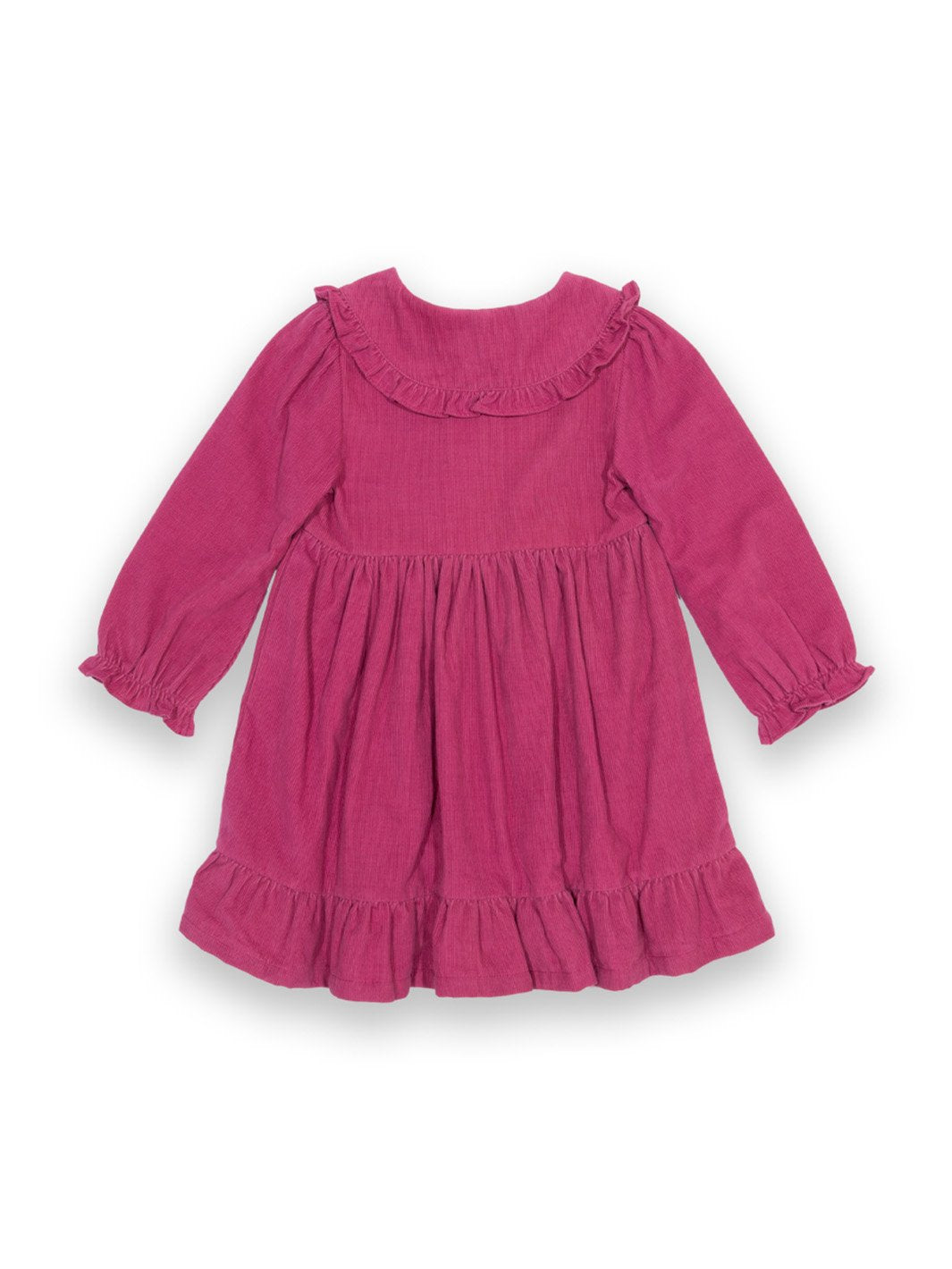 Parte posterior del vestido rosa frambuesa con cierre de botones de coco, mostrando su diseño elegante y acabado en suave cotelé.