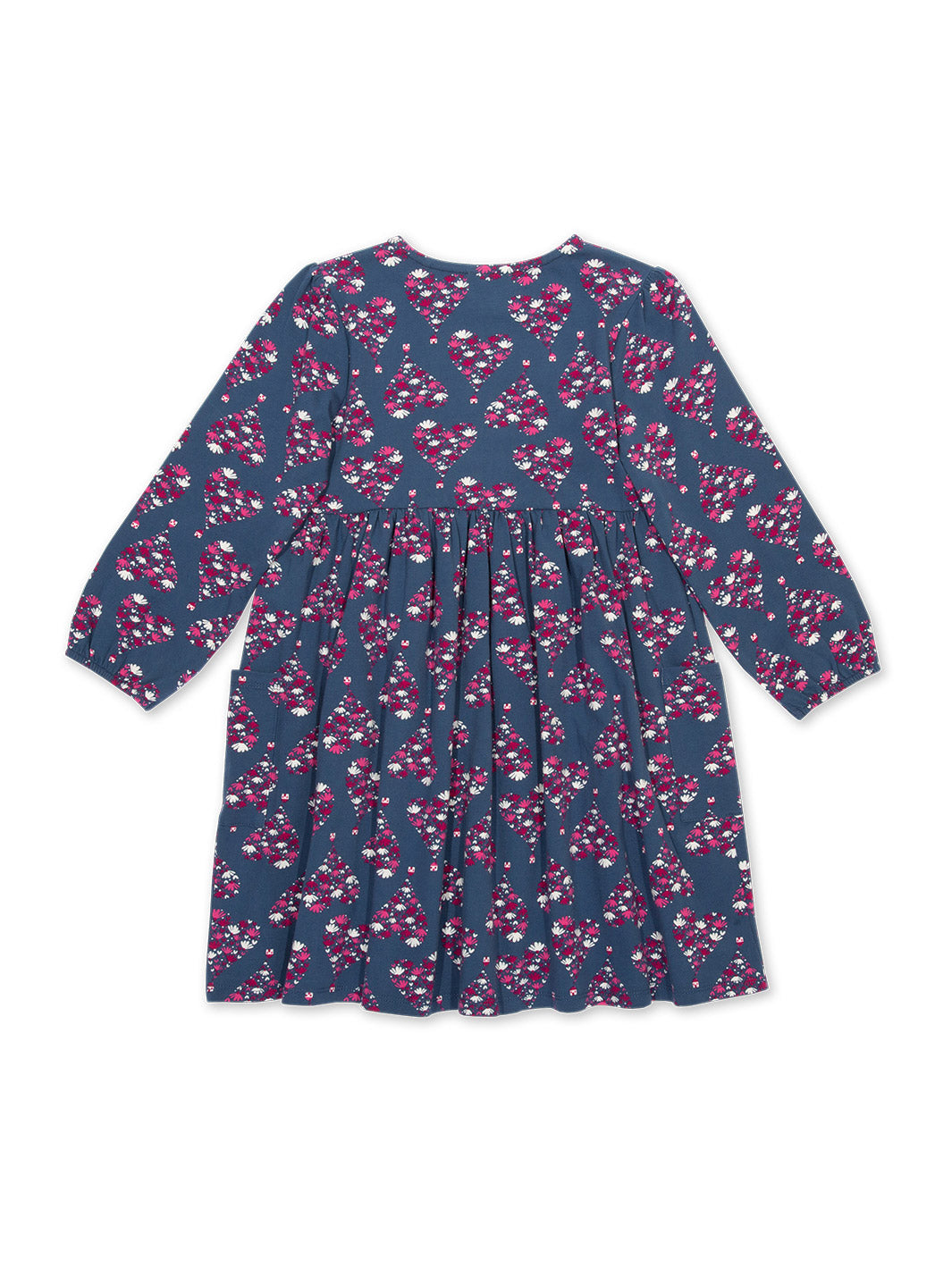 Vista trasera del Vestido Dulce Hogar de algodón orgánico, con cuello redondo y puños elasticados.