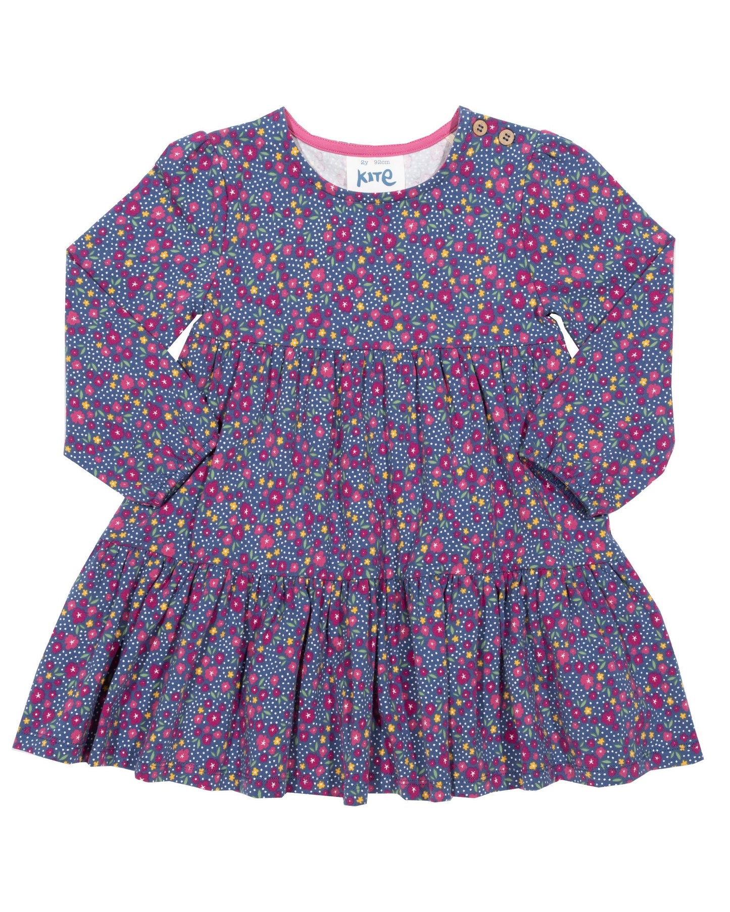 Vestido Flores de Amor de algodón orgánico, con falda escalonada, botones de coco en el hombro, práctico para vestir.