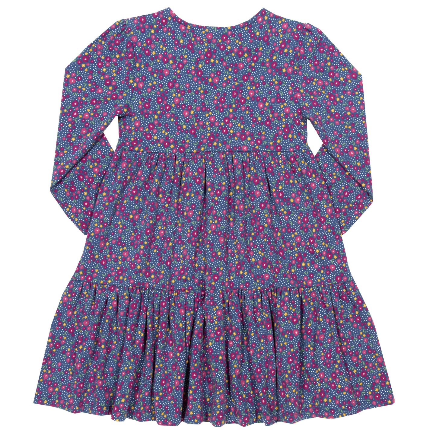 Vista trasera del Vestido Flores de Amor de algodón orgánico, con falda fluida y diseño encantador.