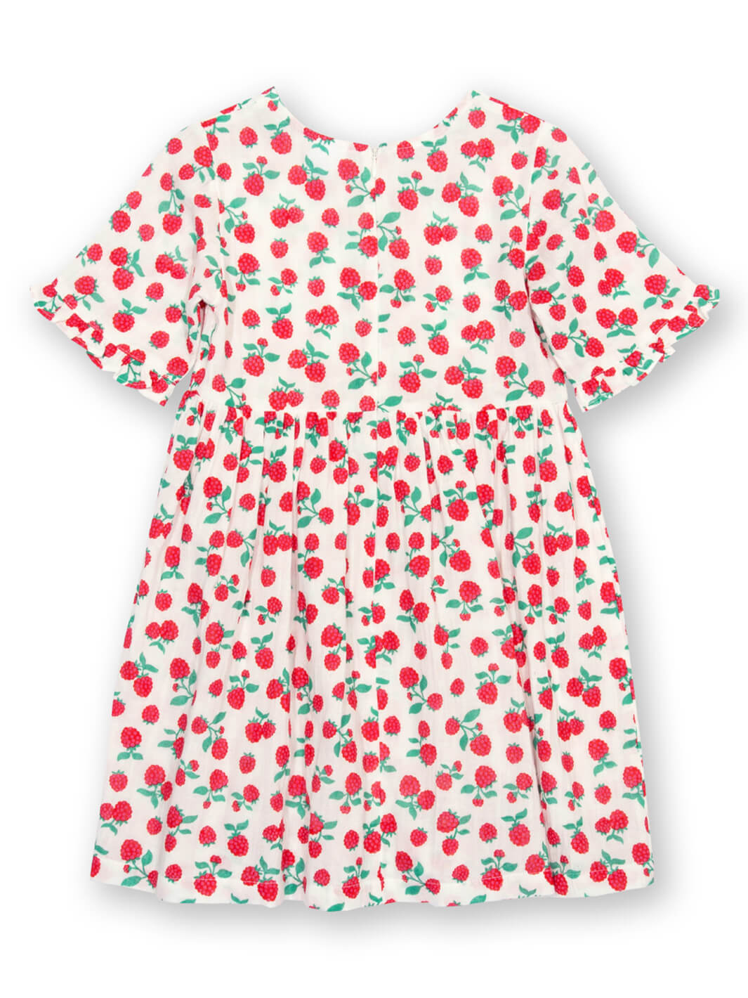 Vestido frambuesa infantil en algodón orgánico, vista trasera completa.