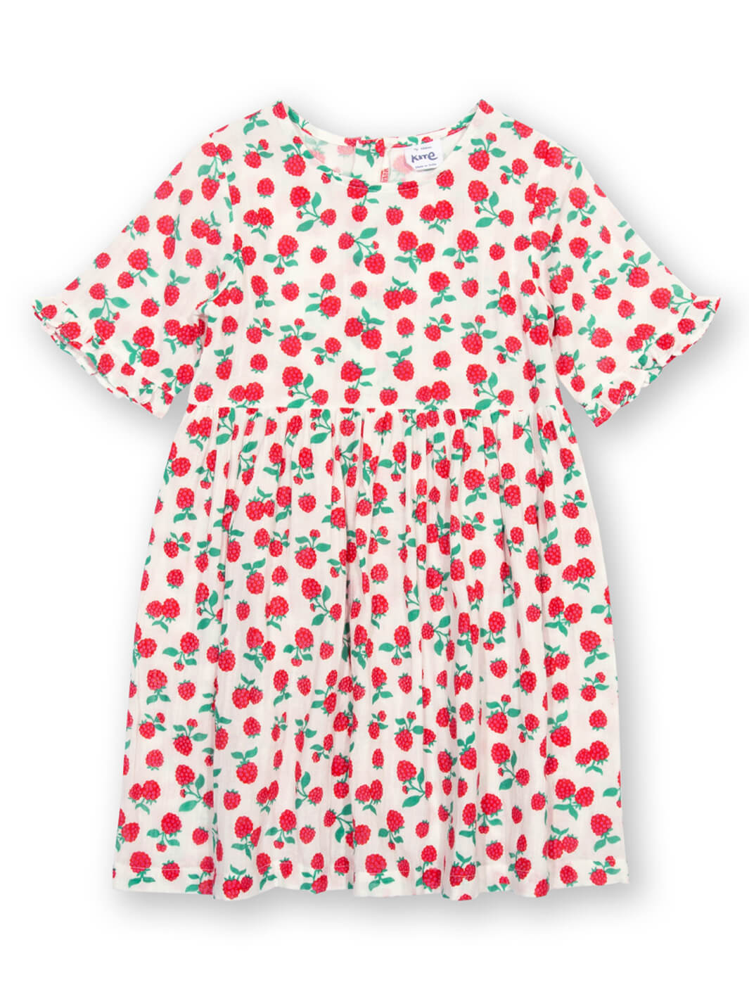 Vestido infantil de algodón orgánico con estampado de frambuesas, vista frontal completo.