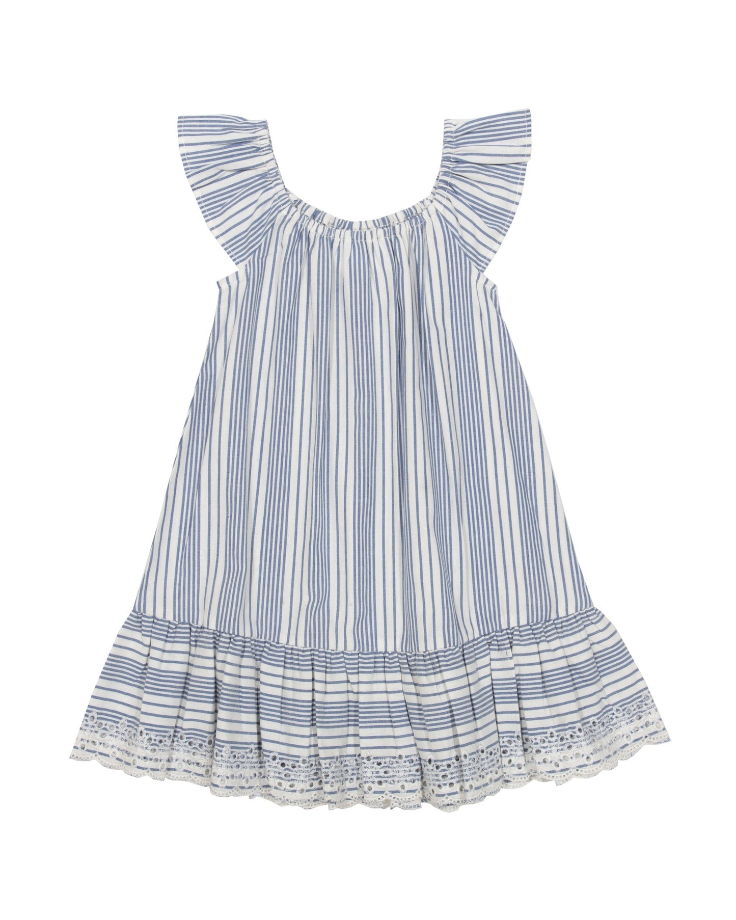 Vista frontal del Vestido Haven de algodón orgánico, con diseño de rayas azul marino y crema, tirantes con volantes y bordado en el dobladillo.