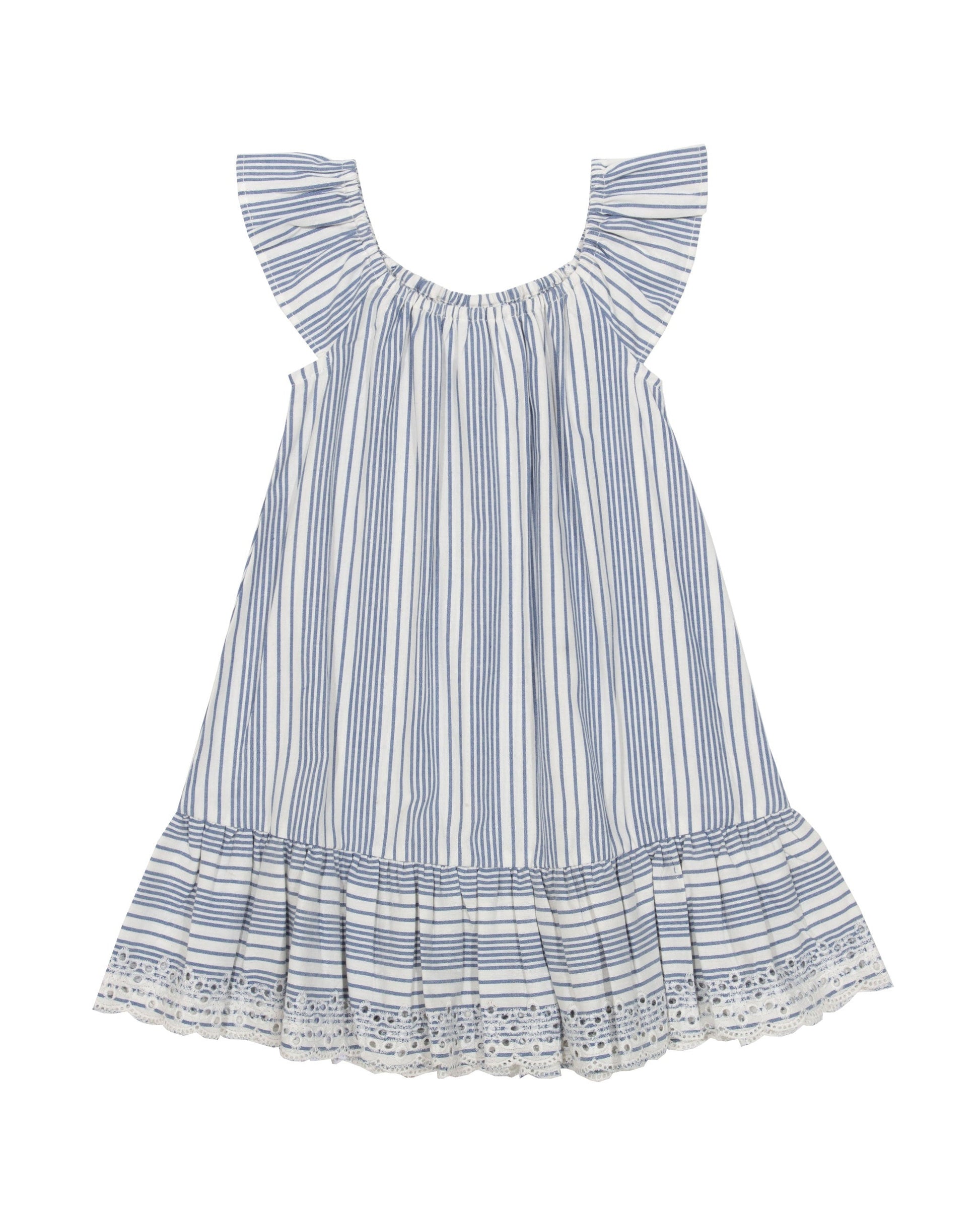 Vista frontal del Vestido Haven de algodón orgánico, con diseño de rayas azul marino y crema, tirantes con volantes y bordado en el dobladillo.