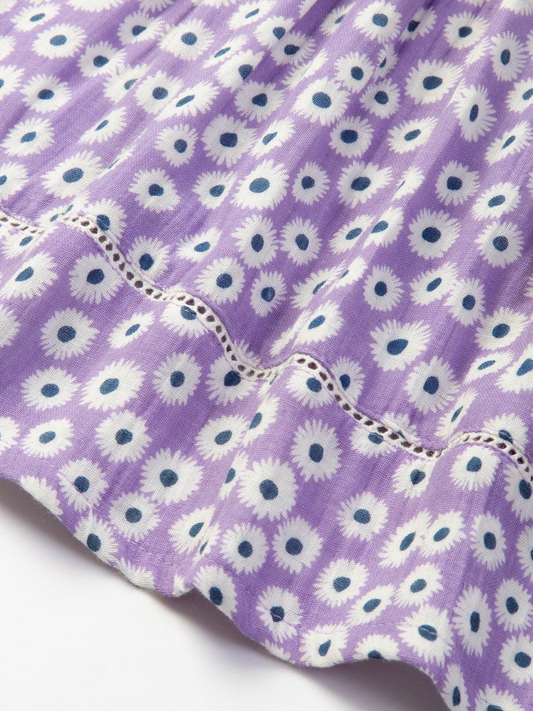 Encaje deshilado en el dobladillo del Vestido Lavanda, un detalle romántico y elegante.