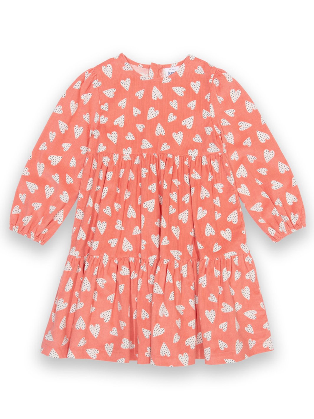 Vestido de manga larga en algodón orgánico rosa salmón con estampado "Te Quiero", falda con volantes y puños elásticos, ideal para ocasiones especiales.