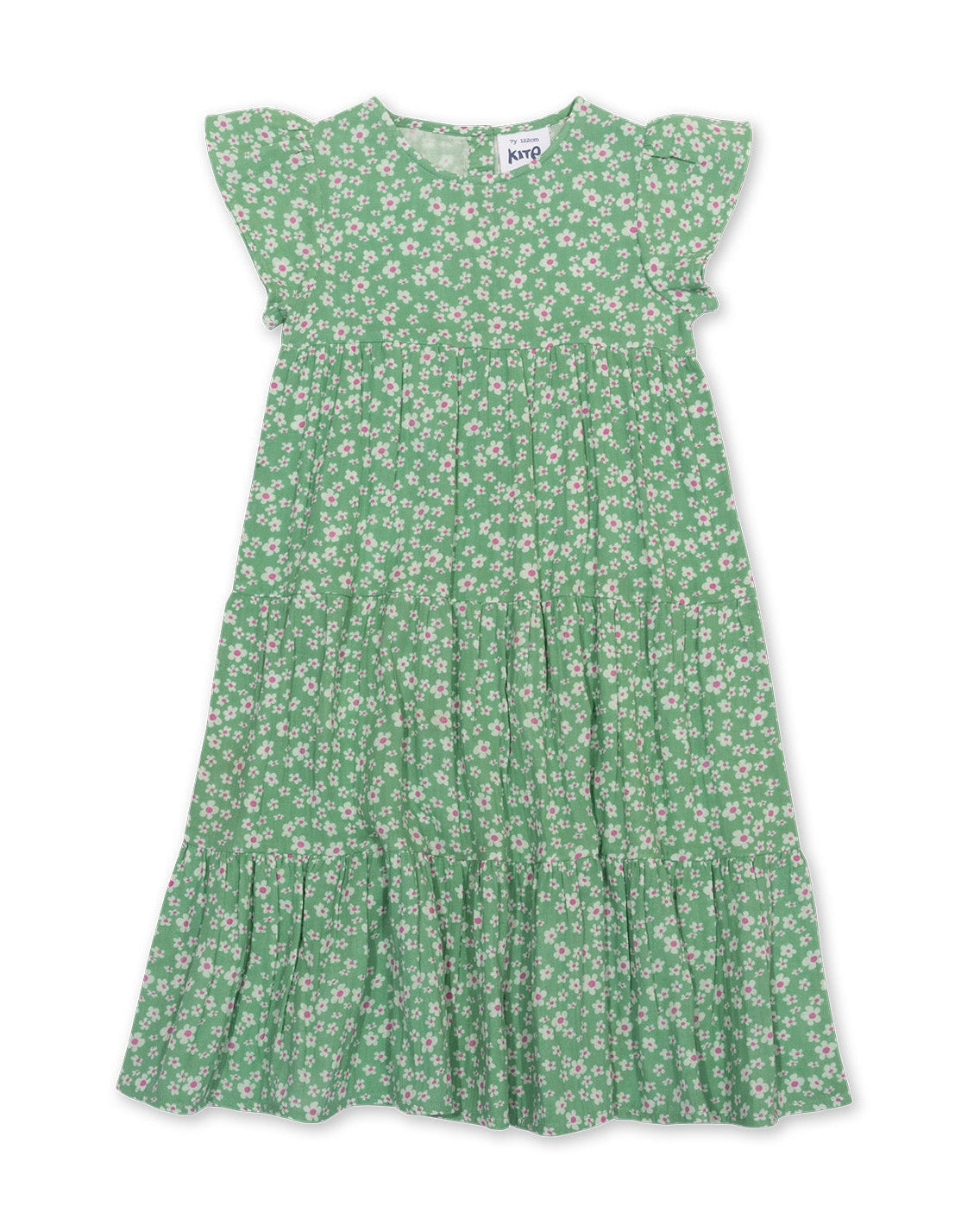 Vestido Pequeñas Flores de algodón orgánico, con estampado floral y falda de tres capas.