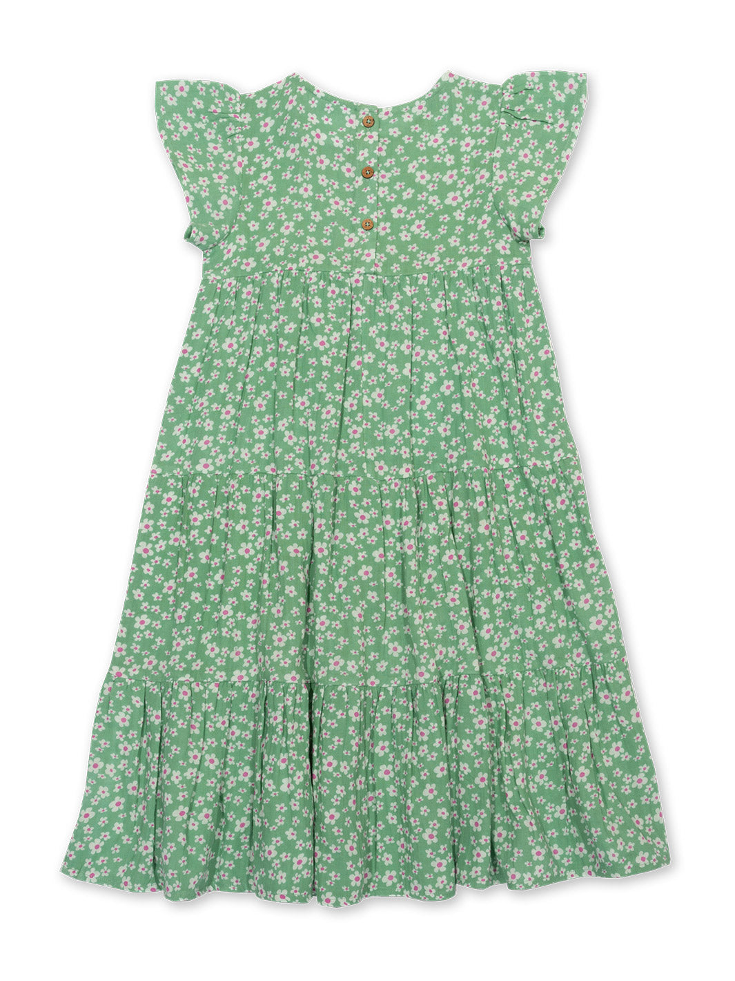 Vista trasera del Vestido Pequeñas Flores de algodón orgánico, con botones de coco, mangas onduladas y falda en capas.