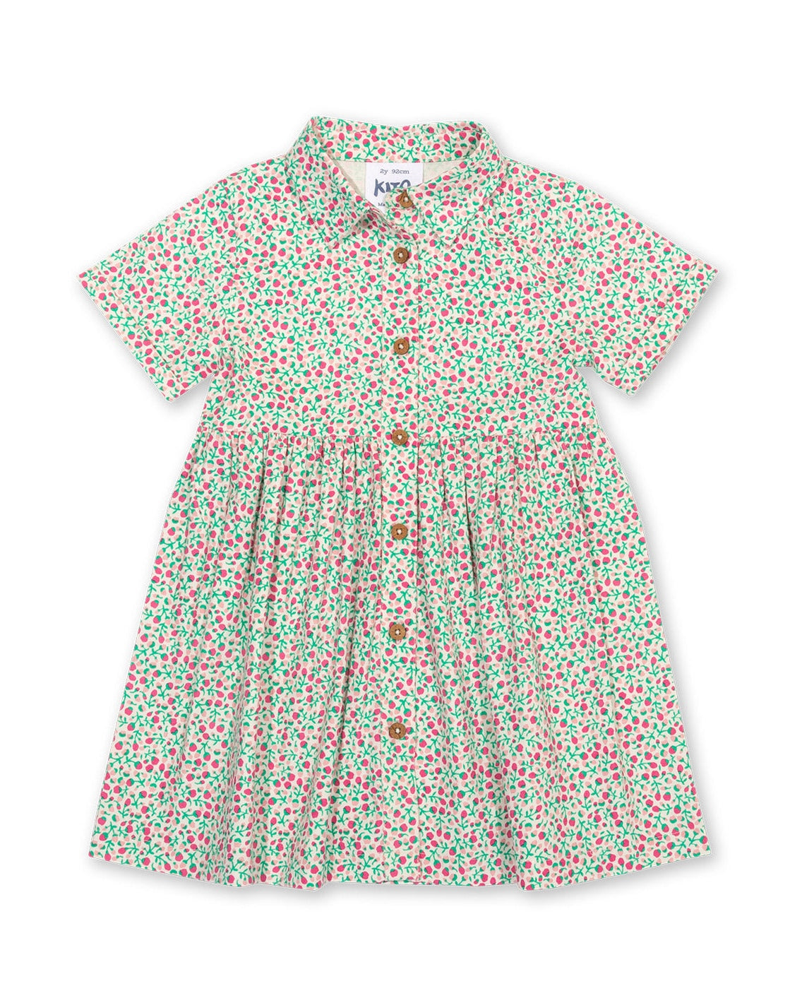 Vestido Pequeño Brote de algodón orgánico, estilo camisero con botones de coco y falda completa.