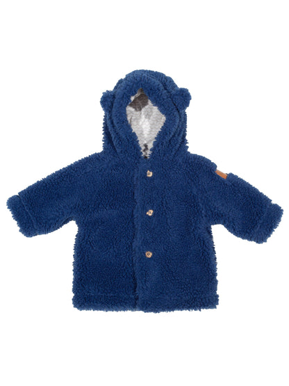 Abrigo dulce osito de vellón reciclado con forro de algodón orgánico, color azul marino, capucha con orejas de oso y botones de coco. Ropa infantil ecológica en Chile.