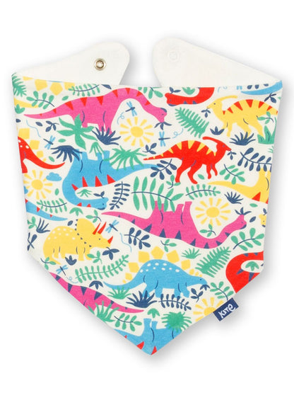 Babero día de dinosaurios en algodón orgánico, vista frontal, ropa infantil sustentable Chile.