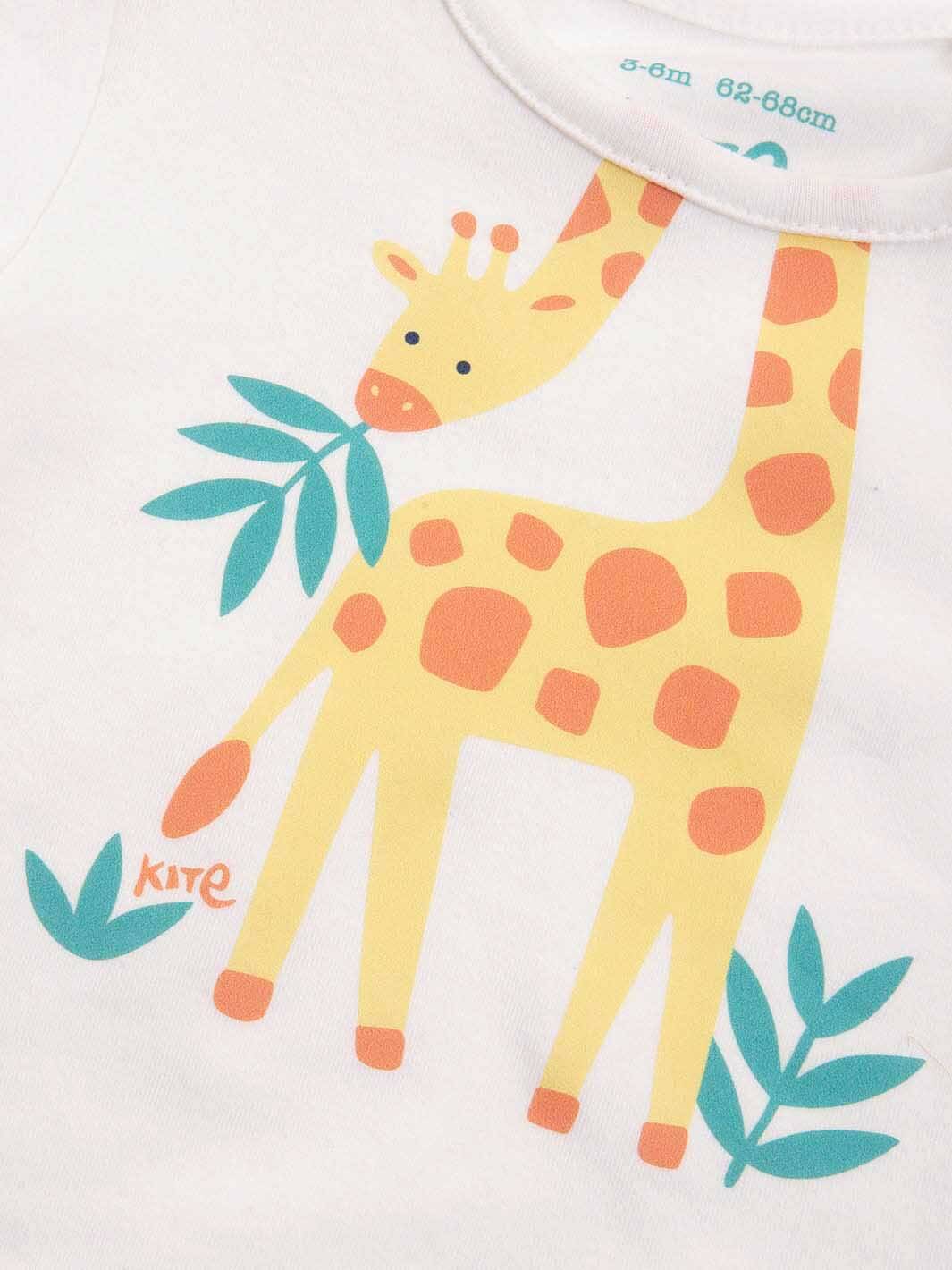 Detalle de estampado jirafa en body hola jirafa de algodón orgánico.