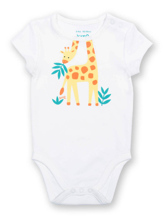 Body hola jirafa en algodón orgánico, vista frontal, ropa infantil sustentable Chile.