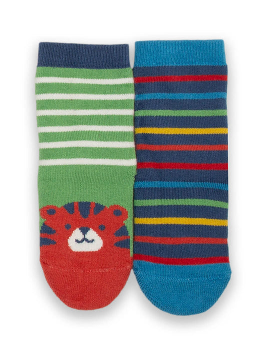 Pack de calcetines de bebé antideslizantes verde y azul con rayas, fabricados en algodón orgánico.