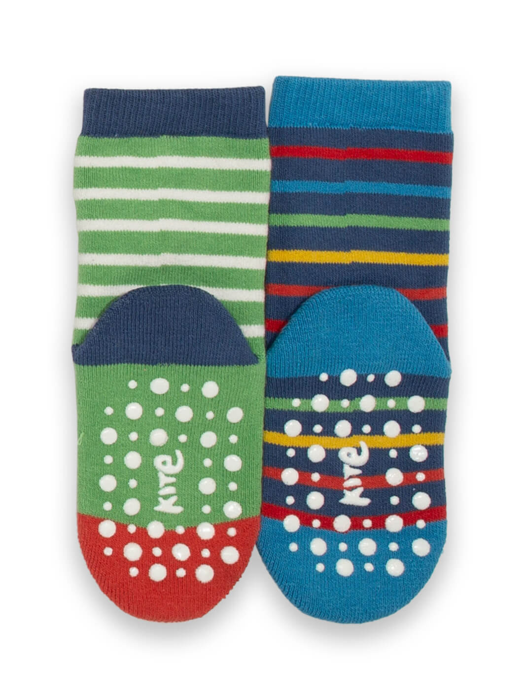 Pack de calcetines de bebé con diseño de cara de tigre rojo y rayas multicolor, suela antideslizante, algodón orgánico.