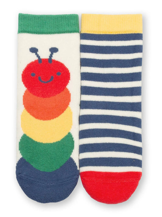 Pack de calcetines antideslizantes para bebé, diseño oruga roja y rayas azul marino con blanco, algodón orgánico