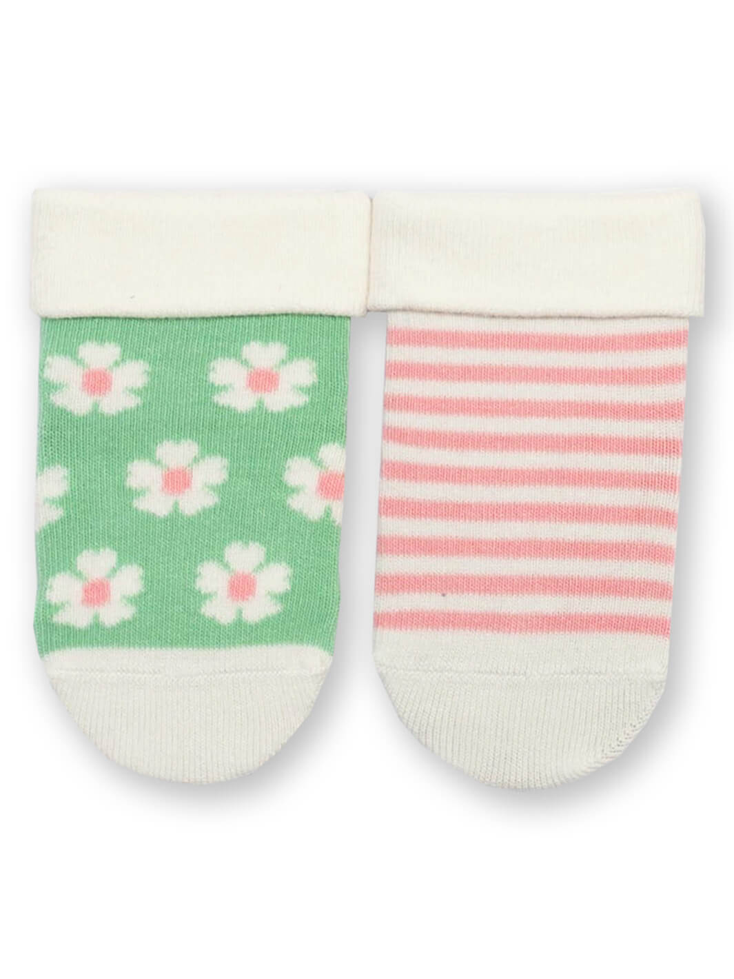 Vista frontal de calcetines bebé algodón orgánico, diseño de flores verdes y rayas rosadas.
