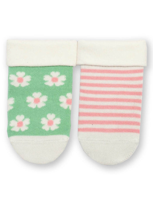 Vista frontal de calcetines bebé algodón orgánico, diseño de flores verdes y rayas rosadas.