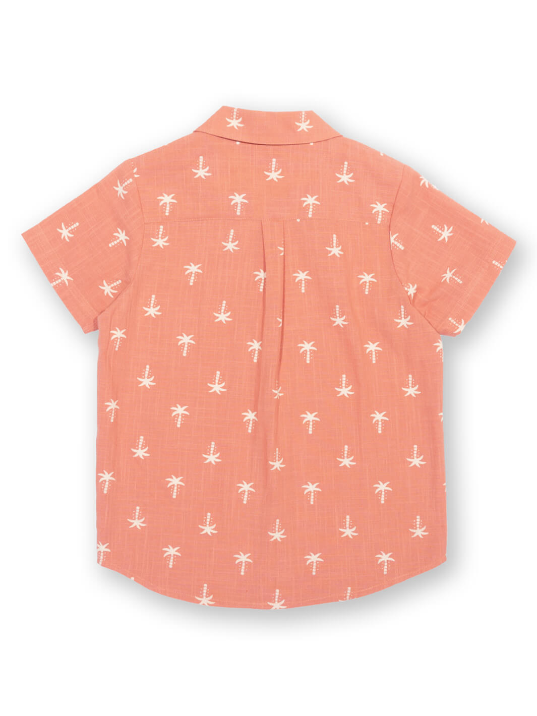 Vista trasera de camisa infantil terracota con diseño de palmeras en algodón orgánico