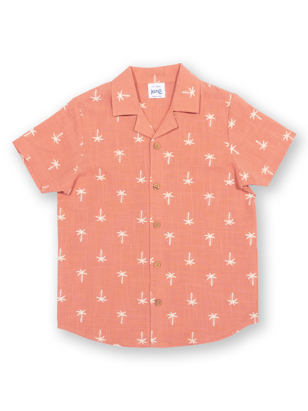 Camisa infantil de manga corta terracota con botones y estampado de palmeras