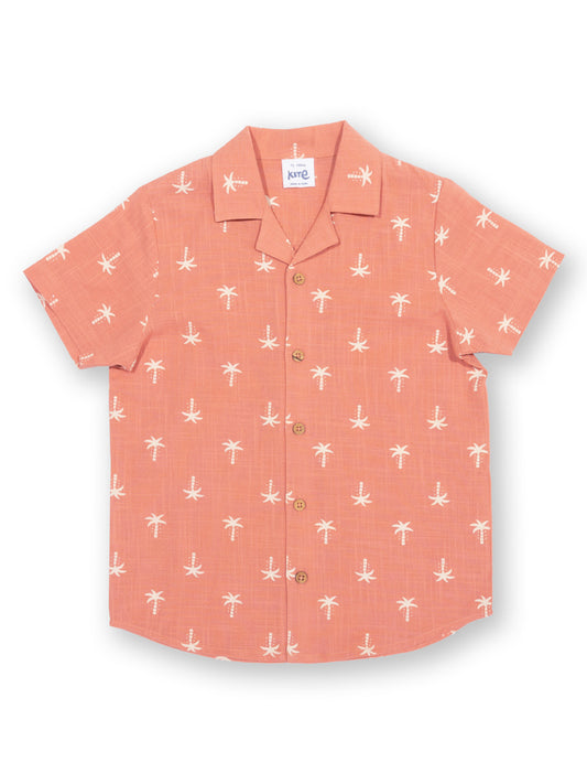 Camisa infantil de manga corta terracota con botones y estampado de palmeras