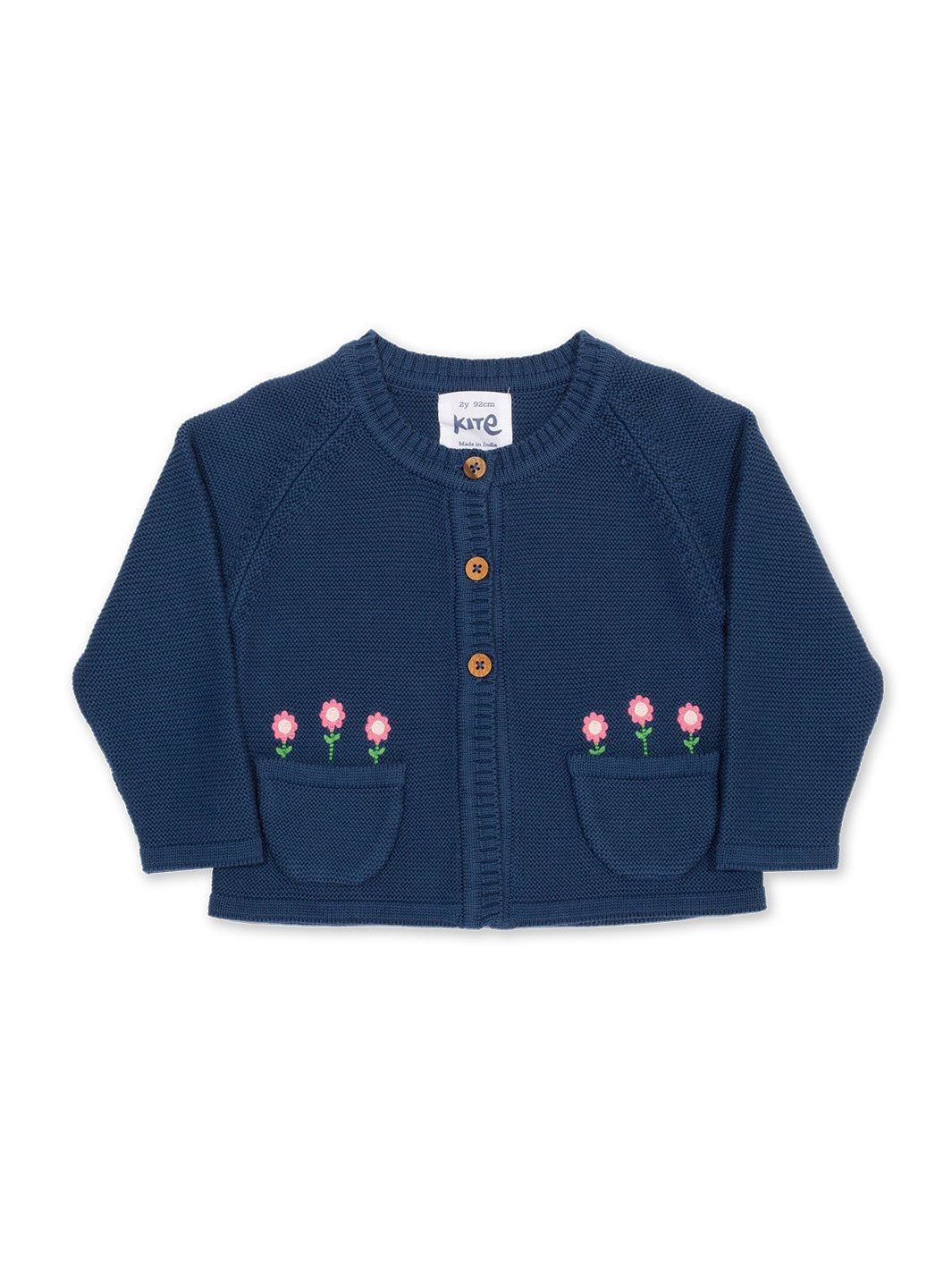 Chaleco Floral de algodón orgánico en azul marino, con bordado de flores y botones de coco.