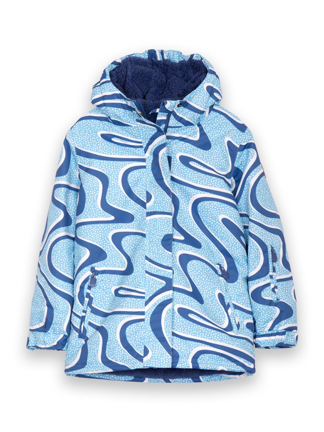 Chaqueta impermeable azul iceberg con estampado Snow Run unisex, capucha forrada en polar y bolsillos con cierre, ideal para actividades invernales.