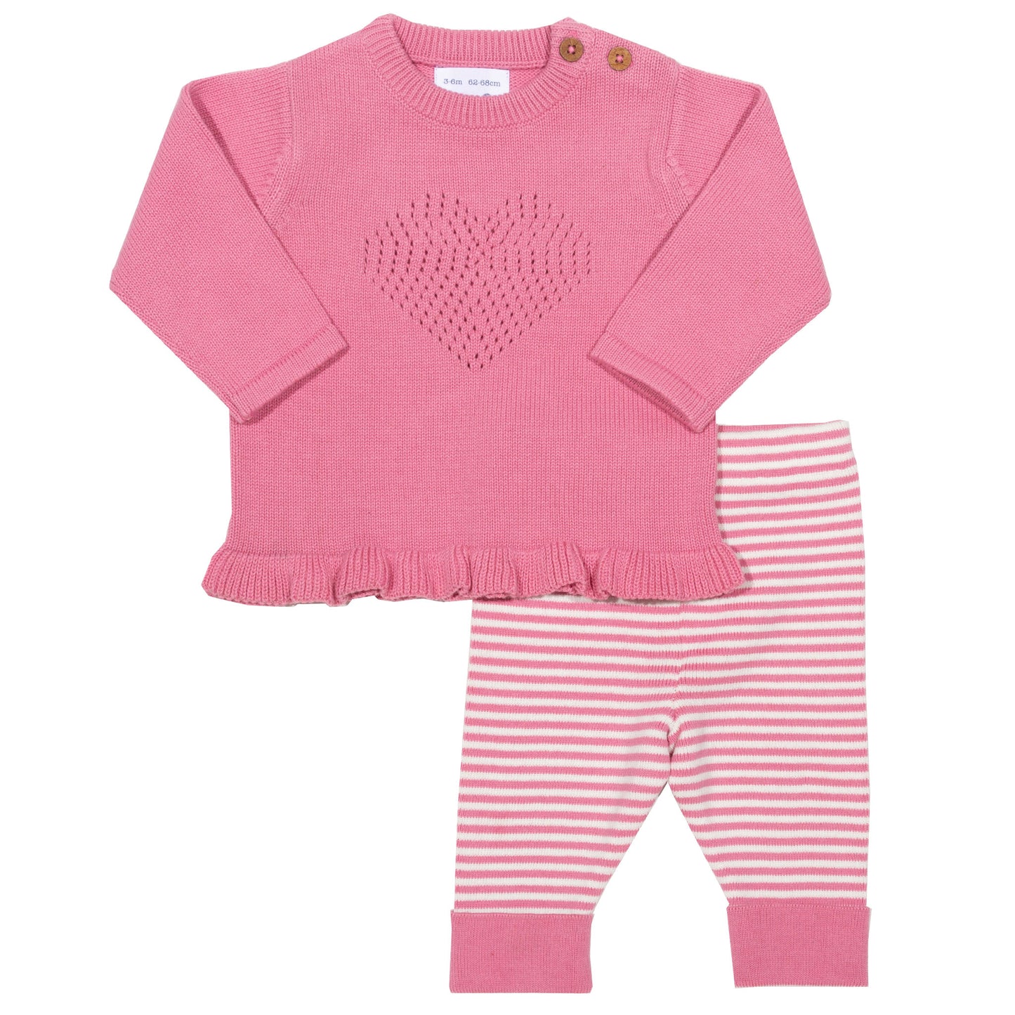 Conjunto Corazón Rosa de algodón orgánico, con top rosa de tejido ligero y calzas de rayas, ideal para bebés.
