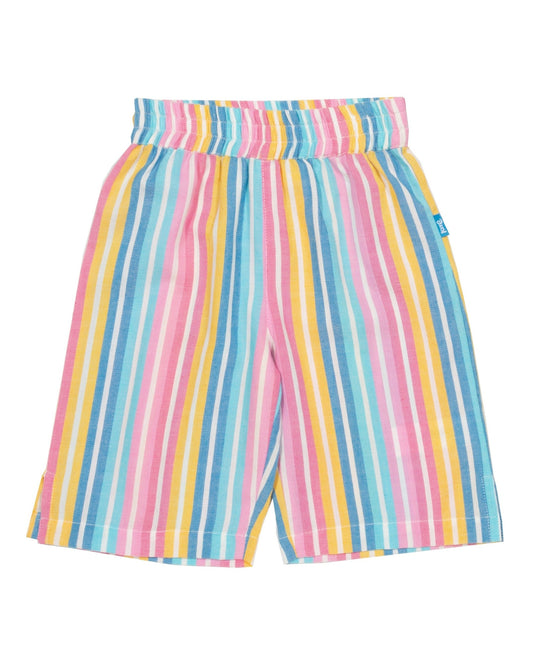 Culotte Rayas Pastel de algodón orgánico, con tela chambray rayada en tonos pastel y cintura elástica.