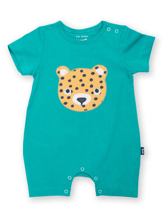 Enterito Amigo Leopardo de algodón orgánico, color aquamarina con apliqué de leopardo cachorro y broches Popper.