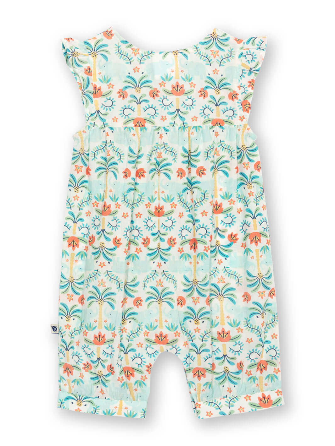 Enterito sin mangas para bebé, color verde con estampado tropical, vista trasera.