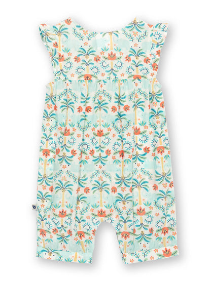 Enterito sin mangas para bebé, color verde con estampado tropical, vista trasera.