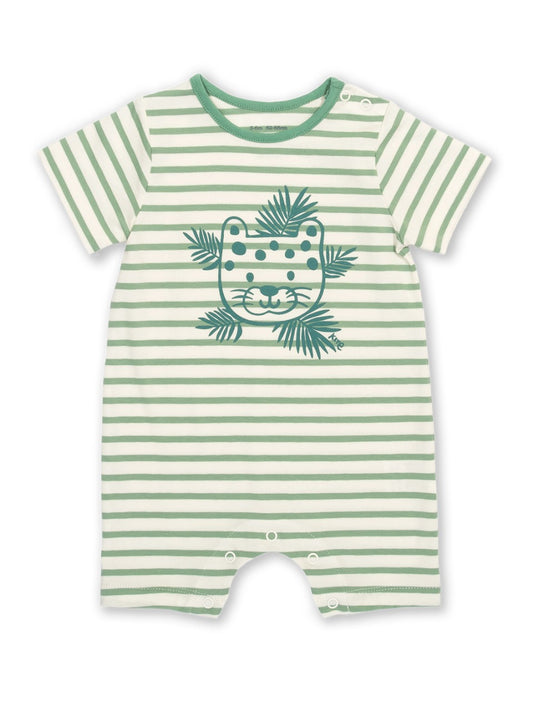 Enterito Hola Cachorro de algodón orgánico, rayas en crema y verde salvia con estampado de cachorro de leopardo.