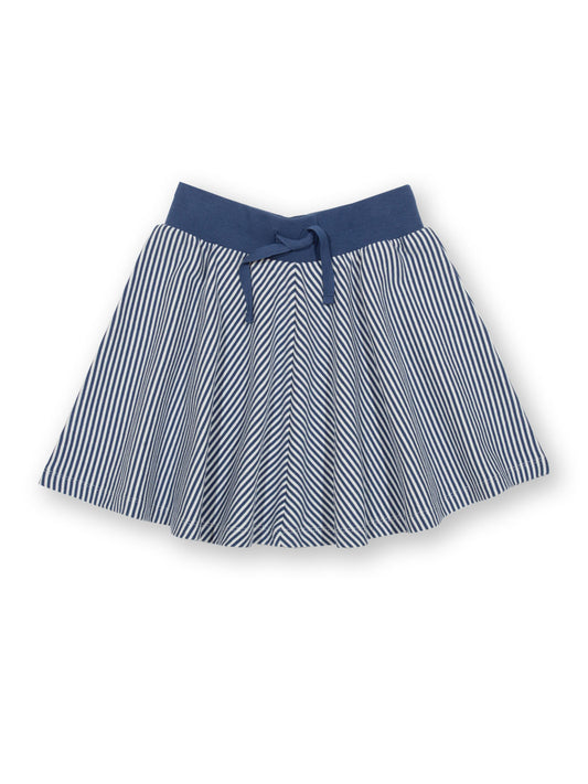Falda patinadora de algodón orgánico a rayas azul marino y crema, con cinturilla elástica y lazos ajustables.