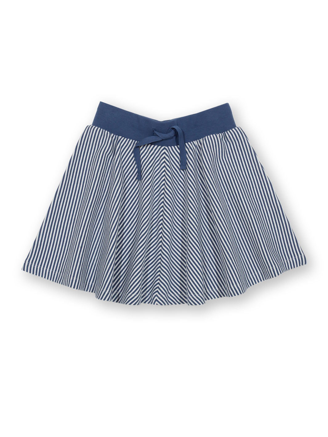 Falda patinadora de algodón orgánico a rayas azul marino y crema, con cinturilla elástica y lazos ajustables.
