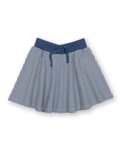 Falda patinadora de algodón orgánico a rayas azul marino y crema, con cinturilla elástica y lazos ajustables.