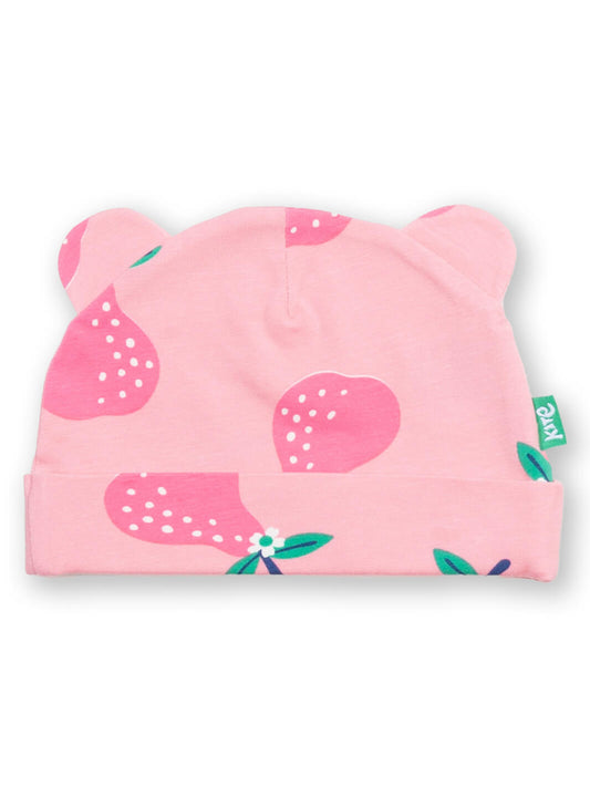 Gorro para bebé rosa de algodón orgánico con estampado de peras rosadas y orejitas, vista frontal