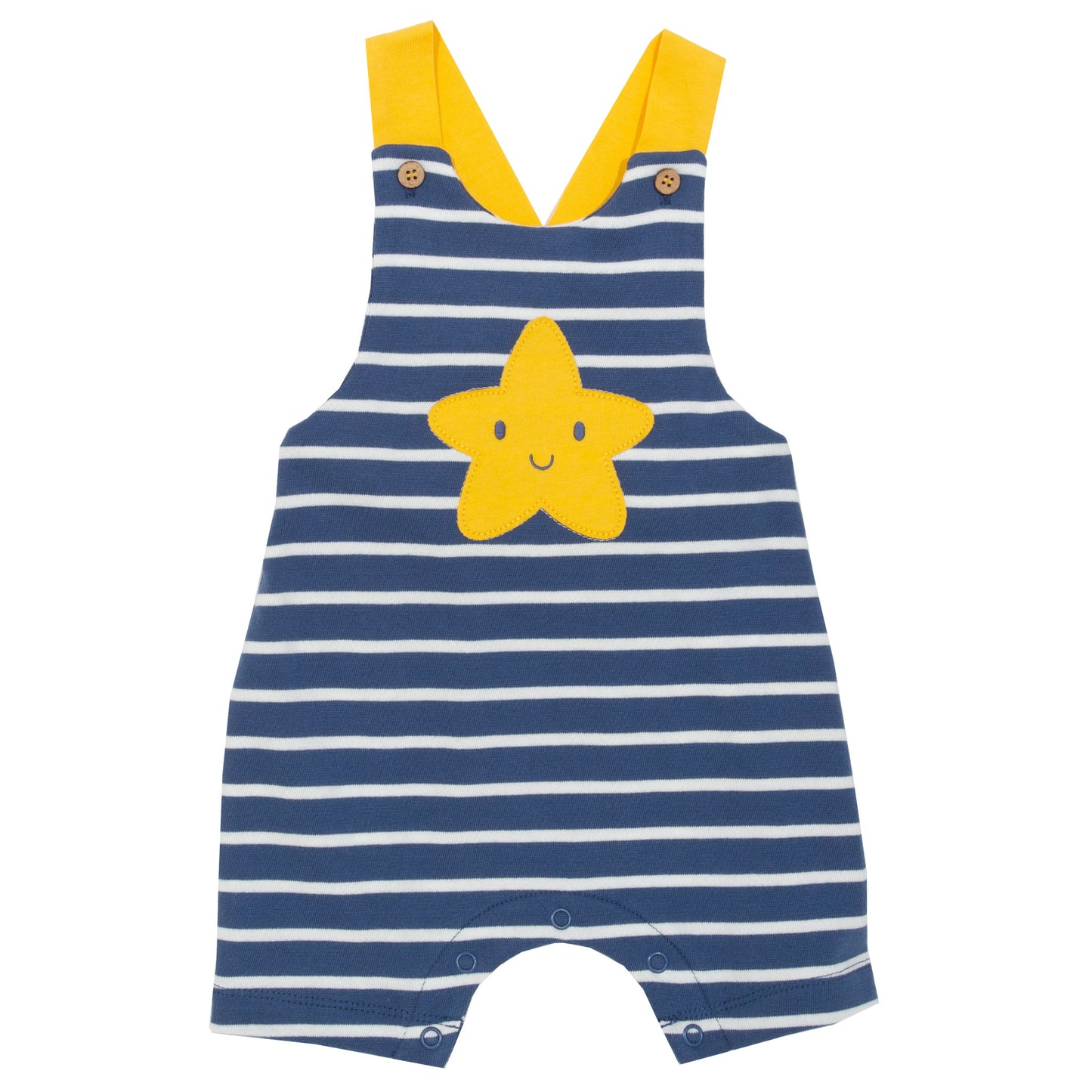 Jardinera Marinera de algodón orgánico con diseño a rayas azul marino y crema, tirantes cruzados ajustables en color amarillo y aplique bordado de estrella en el pecho.