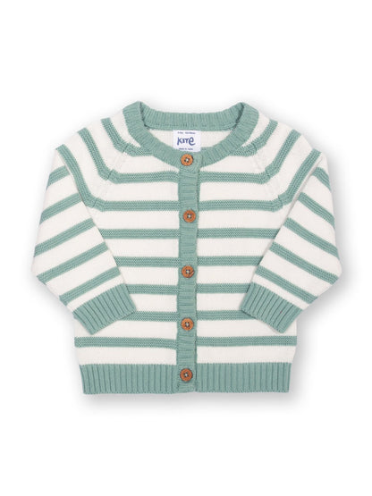Chaleco tejido de algodón orgánico en color abeto suave con rayas azul marino y crema, botones de coco y cuello redondo acanalado.