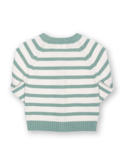 Parte trasera del chaleco tejido en abeto suave con rayas azul marino y crema, mostrando el diseño clásico y textura del punto.