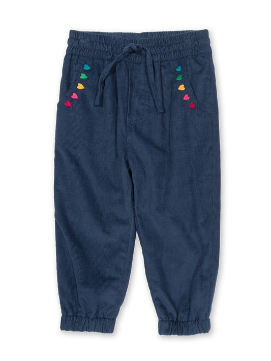 Pantalón Cotelé Corazones de algodón orgánico, azul marino con bordado de corazones, bolsillos y cintura ajustable.