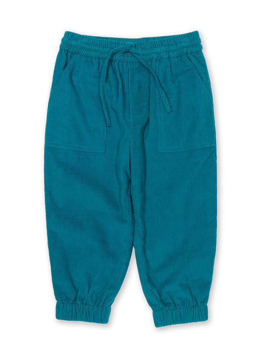 Pantalón Cotelé Puños de algodón orgánico, verde azulado con bolsillos tipo parche y cintura ajustable.