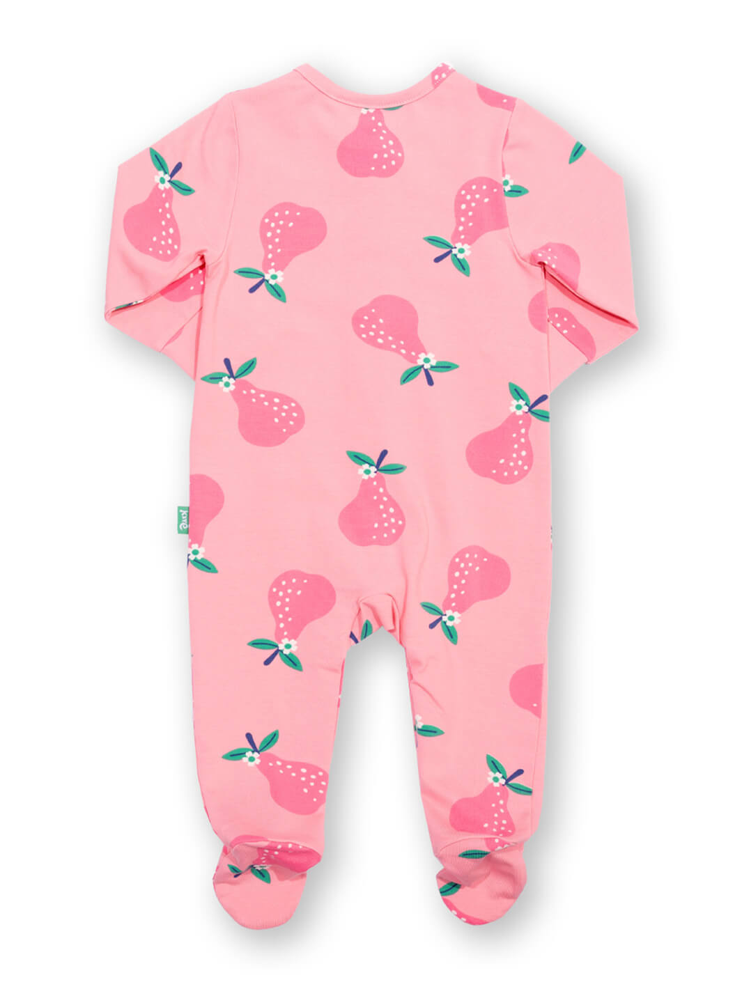 Vista trasera de pijama rosa con estampado de peras para bebé, algodón orgánico