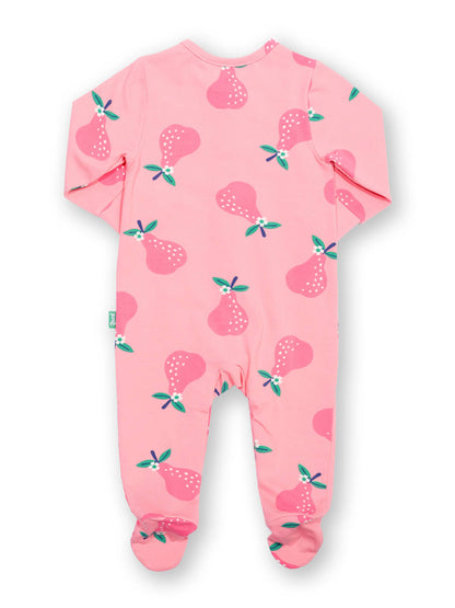 Vista trasera de pijama rosa con estampado de peras para bebé, algodón orgánico