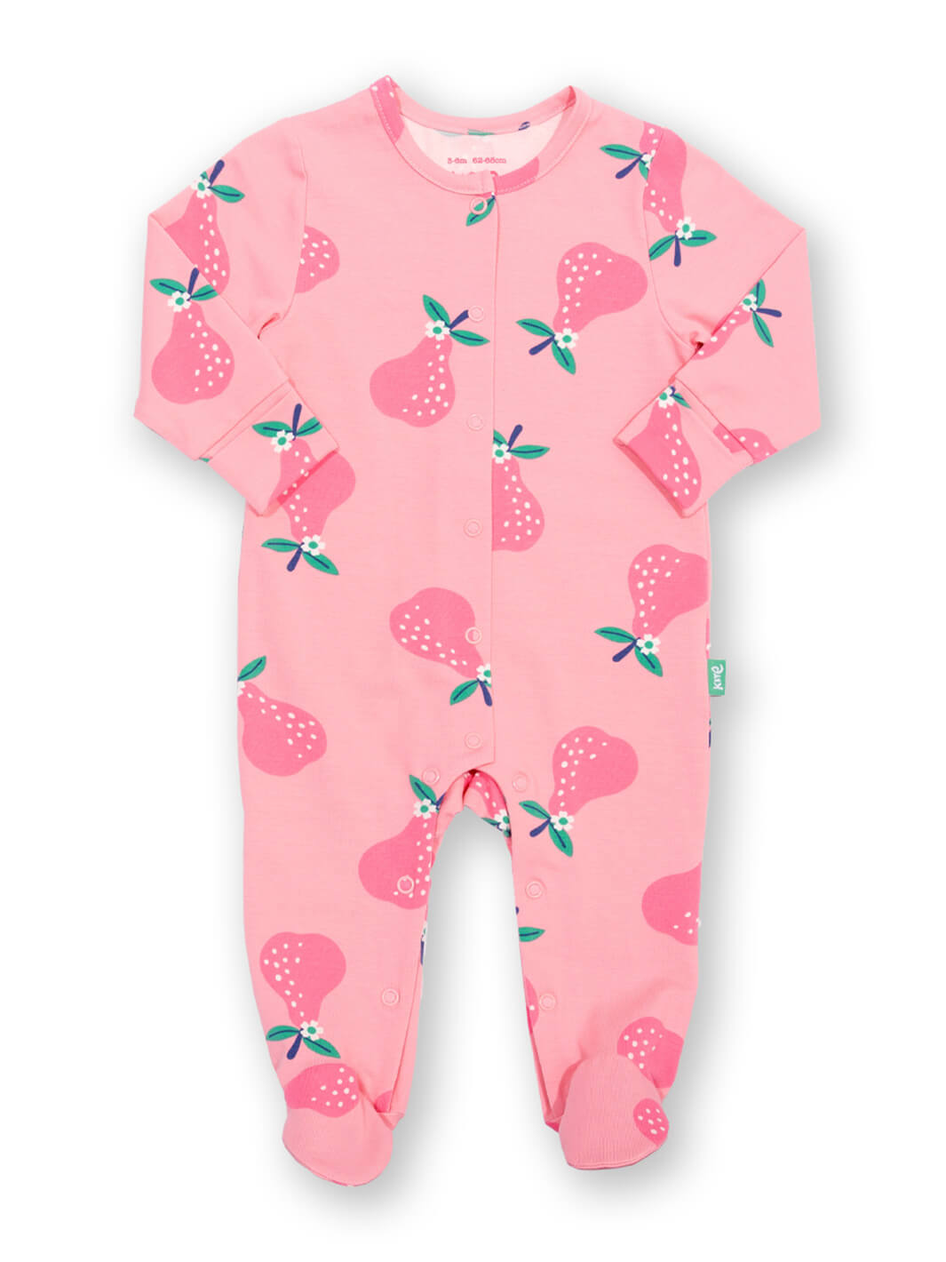 Vista frontal de pijama rosa con peras estampadas, algodón orgánico para bebé