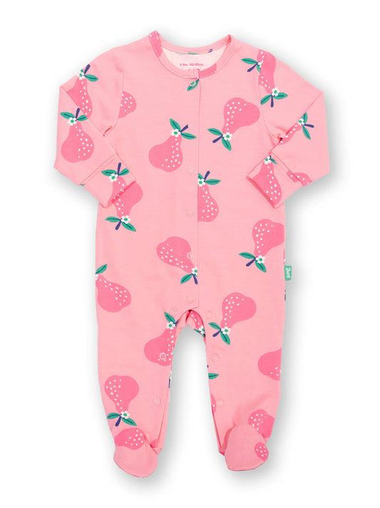 Vista frontal de pijama rosa con peras estampadas, algodón orgánico para bebé