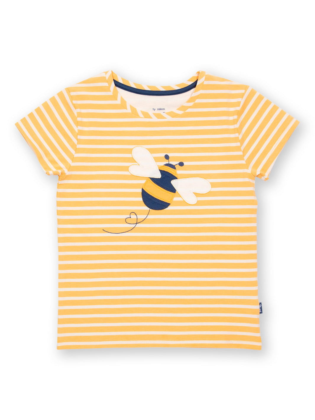 Polera Abeja Reina de algodón orgánico, con rayas amarillo cálido y crema y apliqué de abeja reina