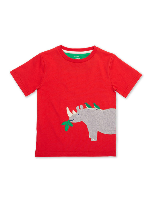 Polera Amigos Rinocerontes de algodón orgánico, color rojo con aplique de rinoceronte y pájaro.